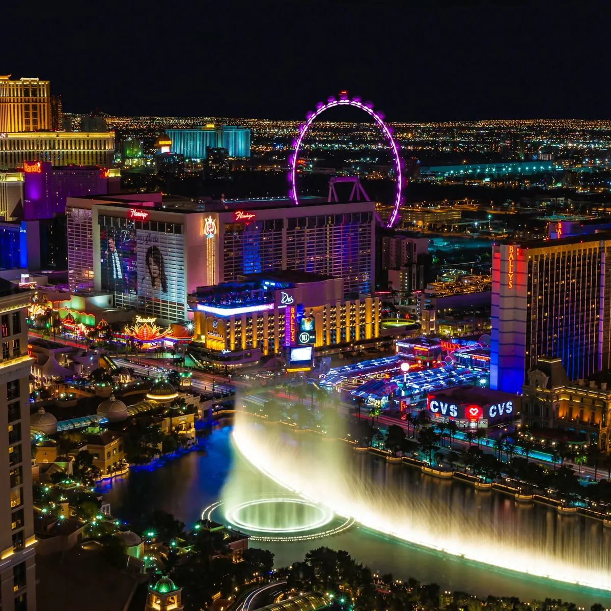 The Las Vegas Strip lit up at night from above